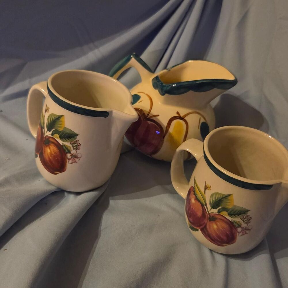 Set of 3 Vintage Ceramic Orchard Fruit Creamer Pitchers –5" cottagecore farm
